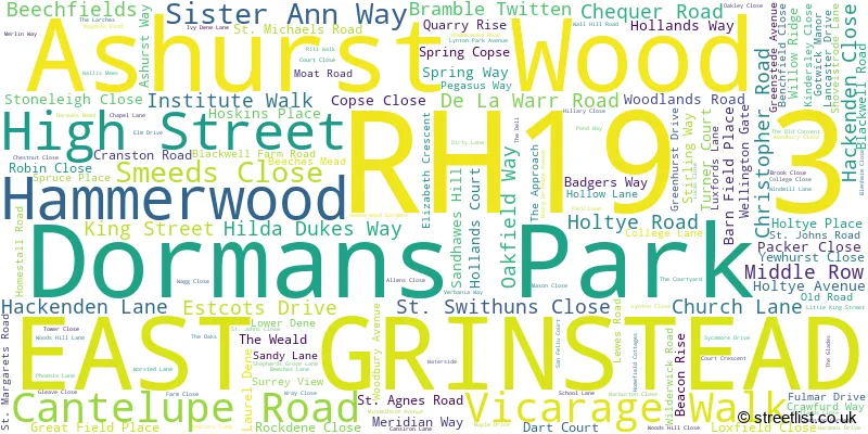 A word cloud for the RH19 3 postcode